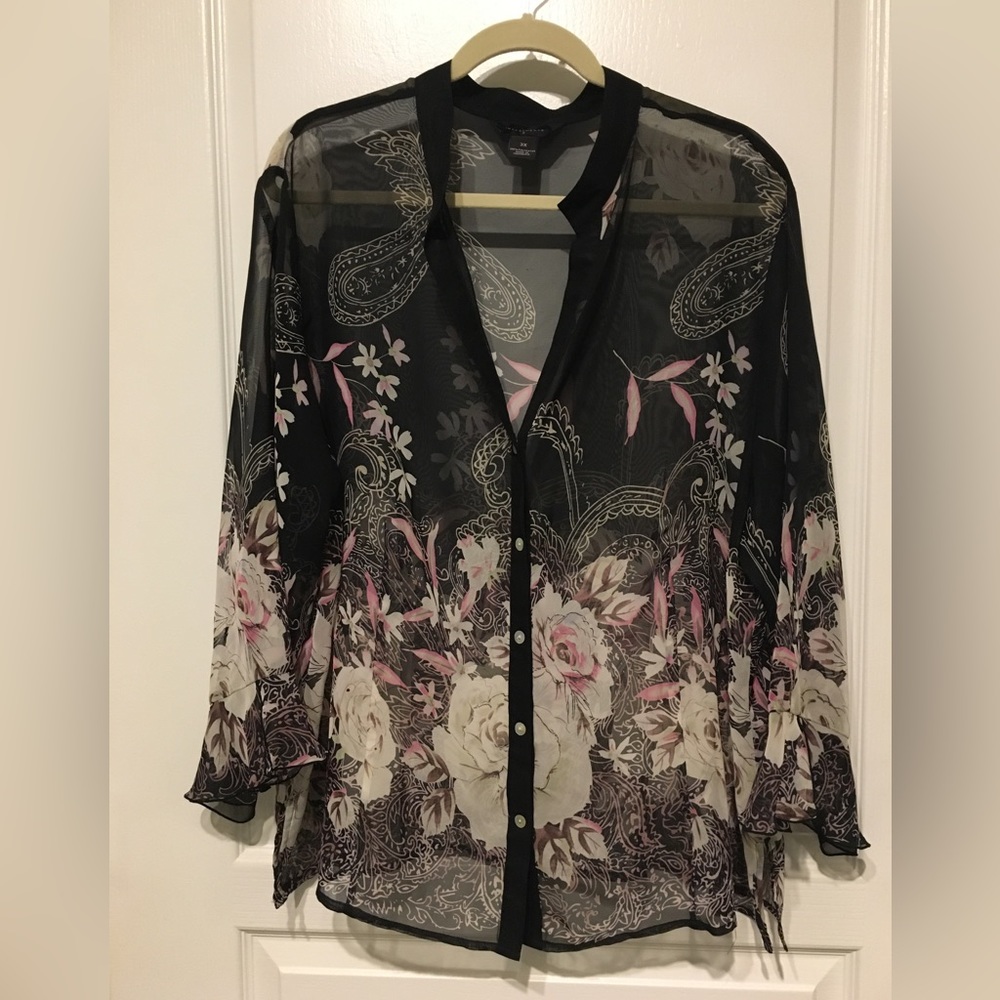 Investments II Sheer, Black Floral, Sheer Blouse / Sz 3X